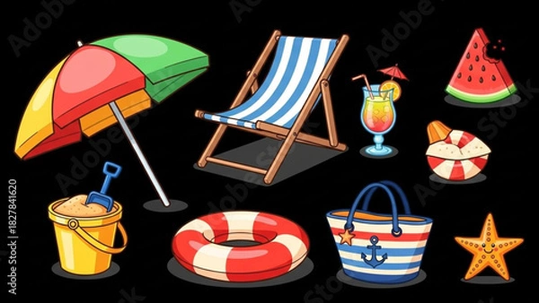 Obraz Summer Beach Relax Accessories Set on Black Background – Cartoon Game Items