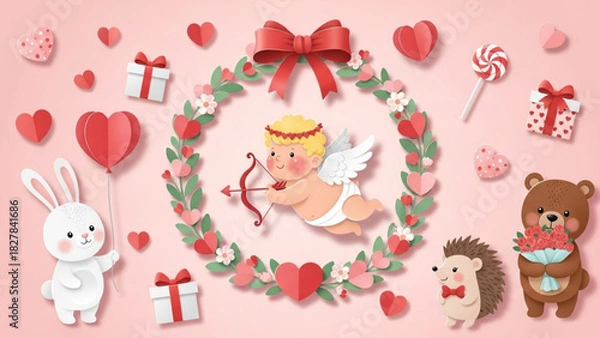 Obraz Valentine’s Day Cute Character Set – Cupid, Animals, Wreaths, and Hearts Vector Illustration