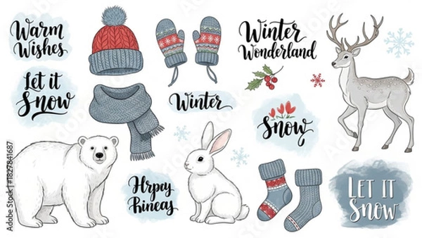 Obraz Winter Season Elements Set – Warm Clothes, Animals, and Holiday Calligraphy Vector Illustration