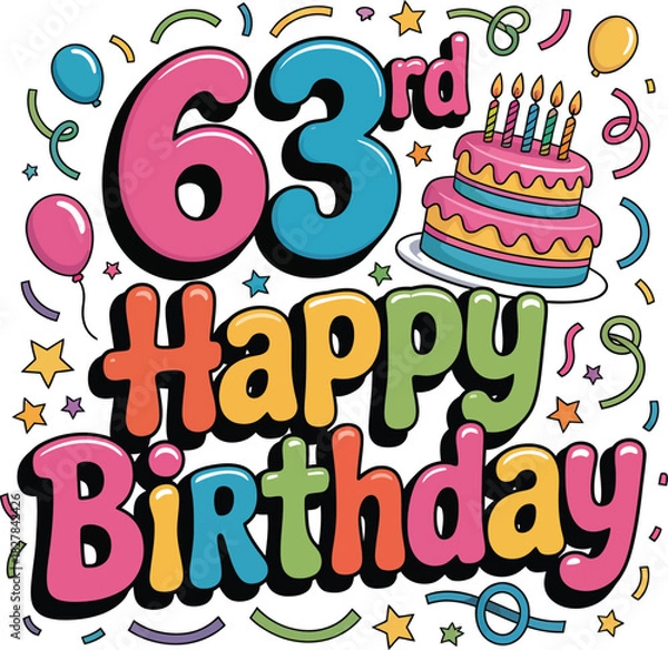 Fototapeta Colorful 63rd Happy Birthday vector with cake, candles, balloons, stars, confetti, and festive decorations.