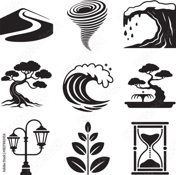 Obraz Set of nature and time related vector icons in black and white