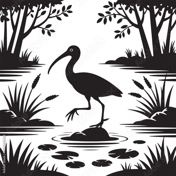Obraz Silhouette illustration of ibis bird standing in a peaceful swampy landscape
