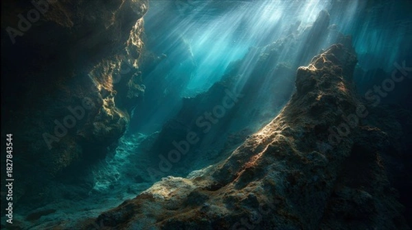 Obraz Underwater scene with light beams illuminating rocky formations near the ocean floor