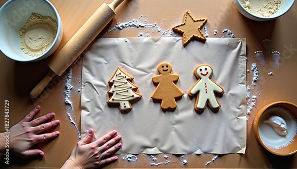 Obraz Hands decorating gingerbread cookies in festive kitchen setting  