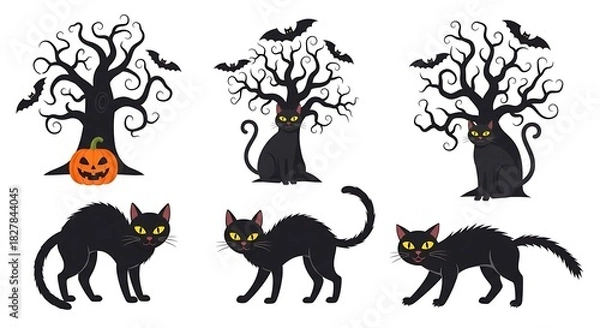 Fototapeta Whimsical Halloween scene features black cats, spooky trees, and bats.
