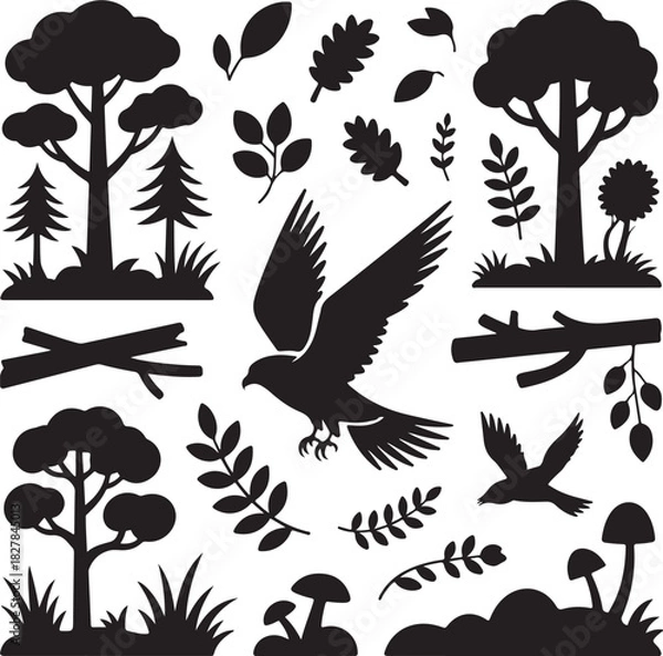 Obraz Silhouetted Woodland Elements with Birds and Forest Trees Illustration