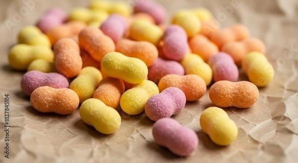 Fototapeta Small, colorful, peanut-shaped candies are piled on brown paper.