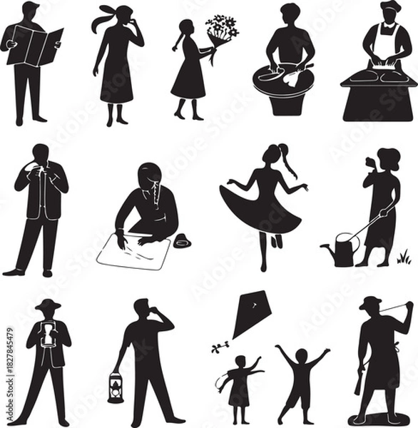 Obraz Silhouettes of People Engaged in Various Activities on White Background