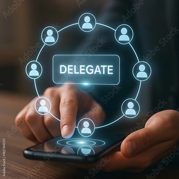 Obraz Delegate concept with people icons and smartphone delegation