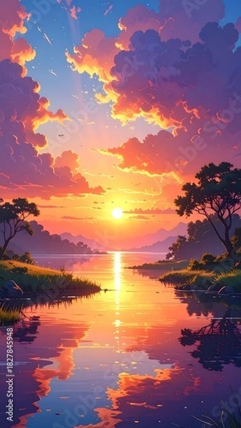 Fototapeta Vibrant Sunset over a Serene River Landscape with Colorful Clouds and Reflective Water.