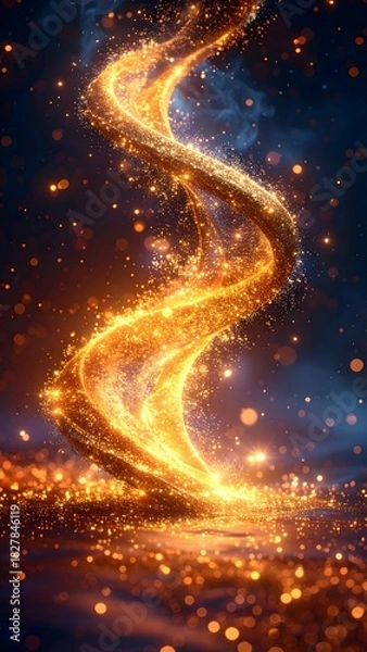 Fototapeta Golden light spiral with glowing particles on a dark background, abstract energy flow.