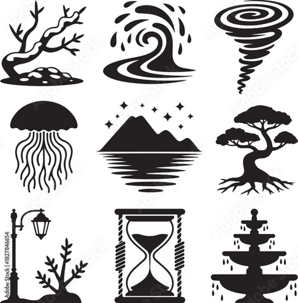 Obraz Stylized Black and White Nature and Object Icon Vector Set