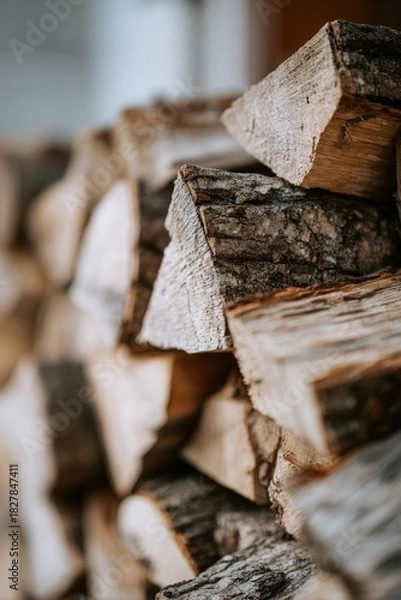 Obraz Aesthetic Stack of Cut Firewood Logs, Warm and Rustic Winter Atmosphere