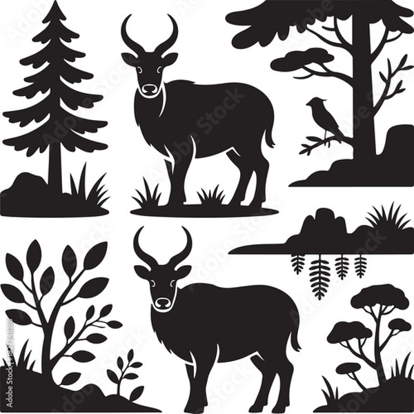 Obraz Wildlife Silhouette Scene with Antelope Deer and Trees Vector Design