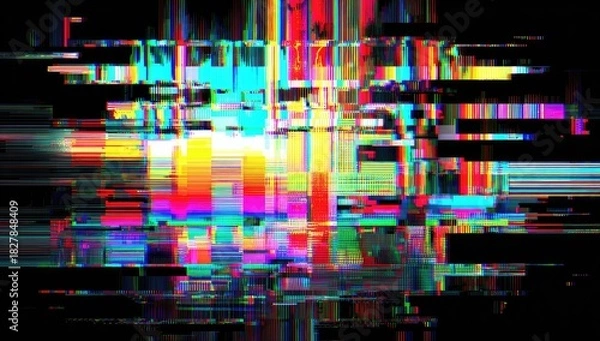 Obraz Abstract digital artwork showing vibrant glitch effects with colorful horizontal and vertical lines