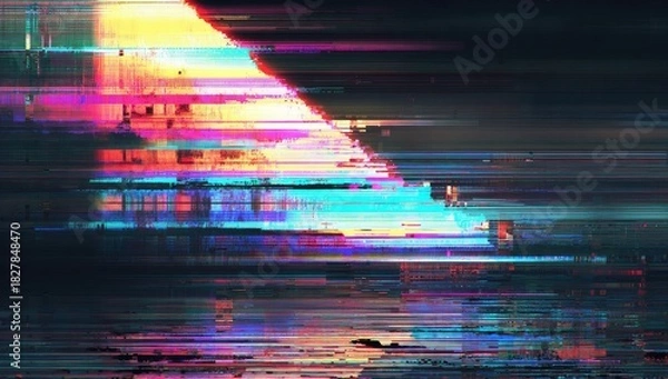 Obraz Abstract digital artwork with vibrant, glitchy, and distorted color bands over a dark background