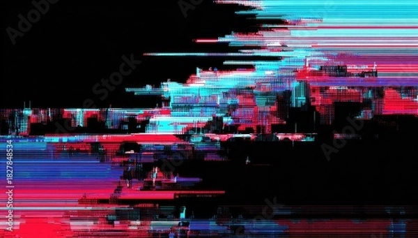 Obraz Abstract artwork featuring fragmented, glitch-like design with cyan, magenta, and black color palette