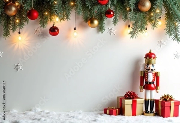 Fototapeta Merry Christmas and Happy New Year white background with nutcracker and Christmas gifts, decorated with fir branches and garlands of lights; card template with space for text
