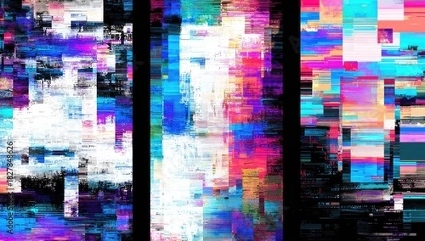 Obraz Three vertical panels with vibrant, distorted color blocks, digital art aesthetic