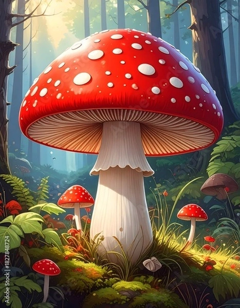 Fototapeta Vibrant Red and White Toadstool Mushroom in Enchanted Forest.