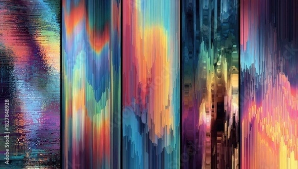 Obraz Abstract five-panel artwork features vertical streaks of color in various warm and cool hues