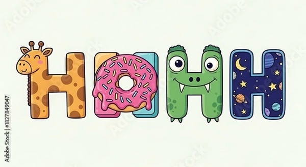 Fototapeta Alphabet letters decorated with cute characters and objects.