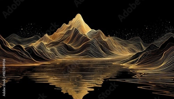 Obraz Abstract gold wire mountains reflect in water, on a black background with shimmering highlights