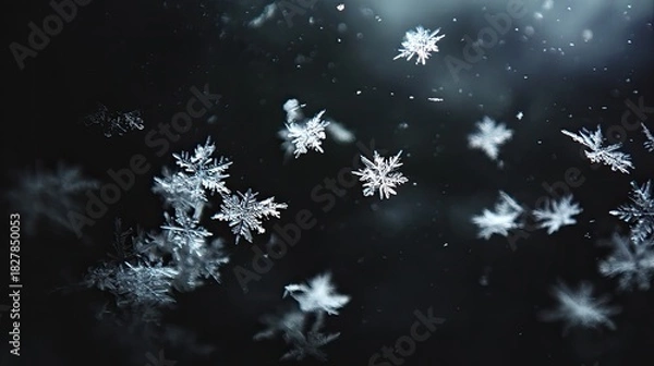 Obraz A dark, slightly blurred shot showcasing many intricate, icy crystals floating in air