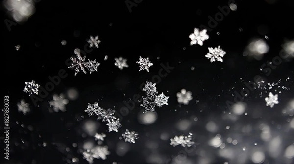 Obraz Detailed image of snowflakes suspended in mid-air against a blurred dark background