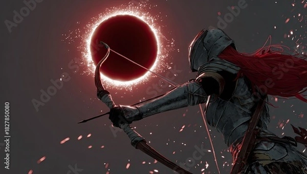 Obraz An armored archer aims towards a fiery, eclipsed orb in a dramatic, fantasy scene