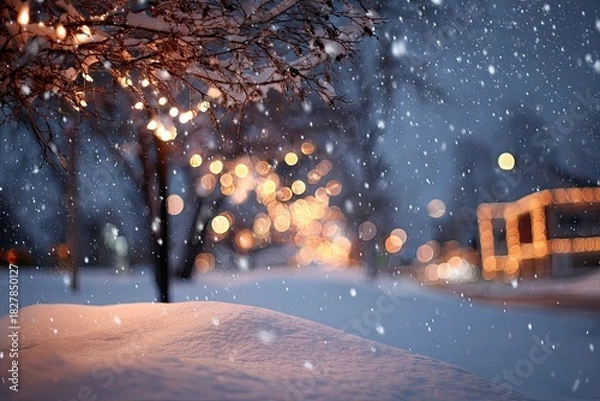 Obraz Winter scene Snowy landscape with glowing lights, snow, and a blurry backdrop