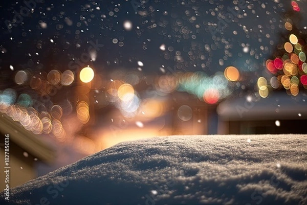 Obraz Winter night scene with softly falling snow and warm blurred lights