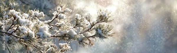 Obraz A snow-covered evergreen branch, against a softly blurred background, illuminated by diffused sunlight
