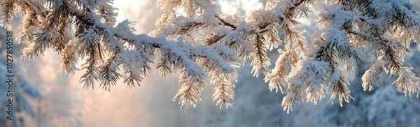 Obraz A close-up captures frosted evergreen branches with light illuminating a winter forest's scene
