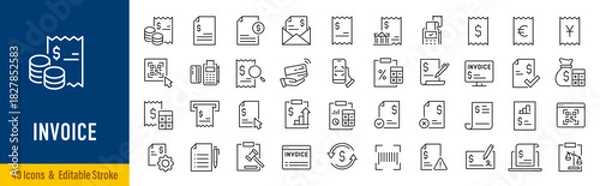 Fototapeta Invoice web icons in line style. Bill, check, approve, tax, barcode, finance, bank, accounting. Editable stroke. Vector illustration.