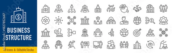 Obraz Business structure web icons in line style. Management, company, teams, finance, governance, strategy, hierarchy, productivity, employees, corporation, workers. Editable stroke. Vector illustration.