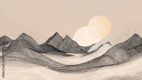 Obraz Digital art landscape in grayscale with sun. Stylized mountains and rolling hills appear