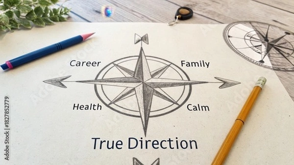 Obraz Chalk Sketch of a Compass Defining Career Family Health and Calm