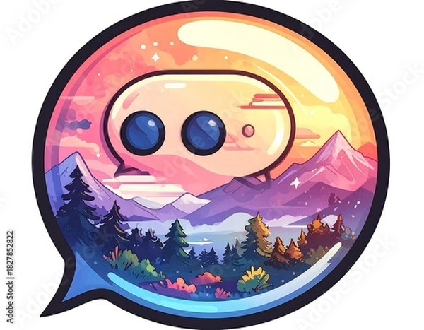 Obraz Chat bubble shaped landscape, mountains, forest, and sky, in digital art style, in a rounded rectangular bubble