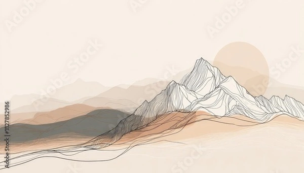 Obraz Serene landscape featuring mountain range silhouette under a warm sun with flowing lines