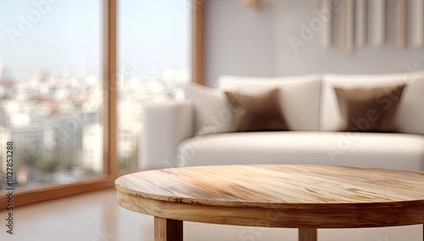 Obraz Warmly lit interior with a blurred cityscape. A wooden table is in focus