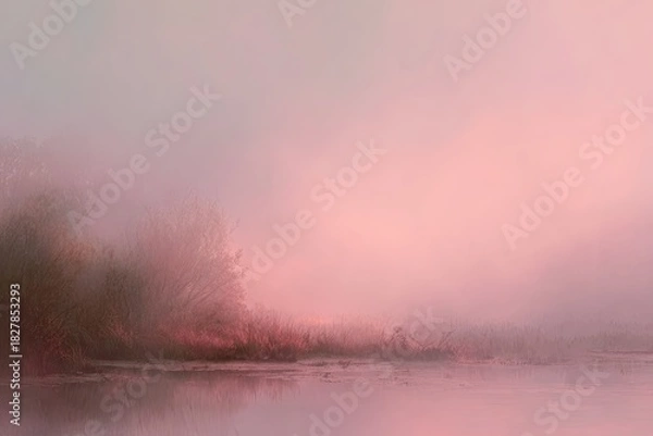 Obraz A misty, pink landscape with a body of water reflecting the soft-lit sky and obscured foliage