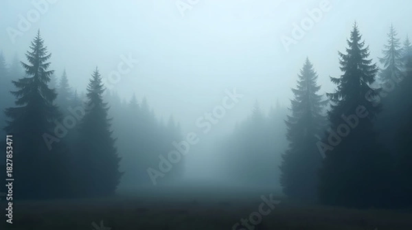 Fototapeta Eerie Forest Silhouette Emerging from Thick Fog Creating Dreamlike and Atmospheric Scene Ideal for Eerie Visuals and Peaceful Contemplation