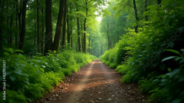 Fototapeta Forest Path in Verdant Woodlands with Sunlit Trees Creating Natural Tranquility and Refreshing Atmosphere for Scenic Walk Through Green Landscape in Summer