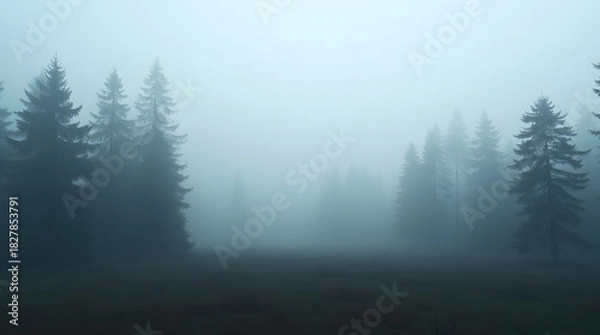 Fototapeta Misty Morning in Forest with Tall Evergreen Trees in Dense Fog Creates Eerie Atmosphere on Overcast Day in Wilderness with Quiet Tranquility and Solitude