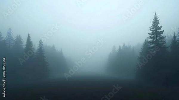 Fototapeta Mysterious Forest Silhouette in Thick Fog Offering Dreamlike and Atmospheric Scene Perfect for Eerie Visuals and Tranquil Contemplation