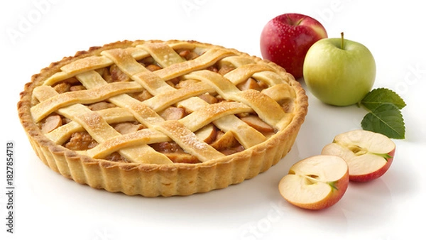 Fototapeta Golden baked lattice top apple pie with fresh apples
