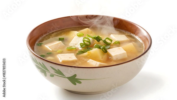 Fototapeta Steaming bowl of miso soup with tofu and green onions