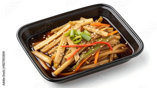 Fototapeta Savory stir fried root vegetables in a black takeout container
