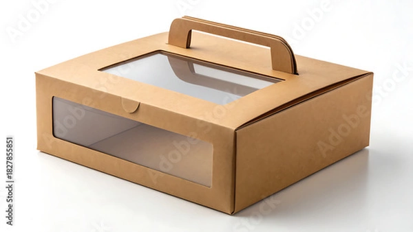 Obraz Brown cardboard bakery box with clear window and handle